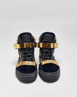 Giuseppe Zanotti 'Coby' Gold Plate / Navy Velvet / Patent Leather High-Top Trainers - UK6.5