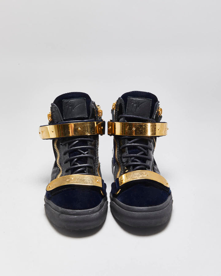 Giuseppe Zanotti 'Coby' Gold Plate / Navy Velvet / Patent Leather High-Top Trainers - UK6.5
