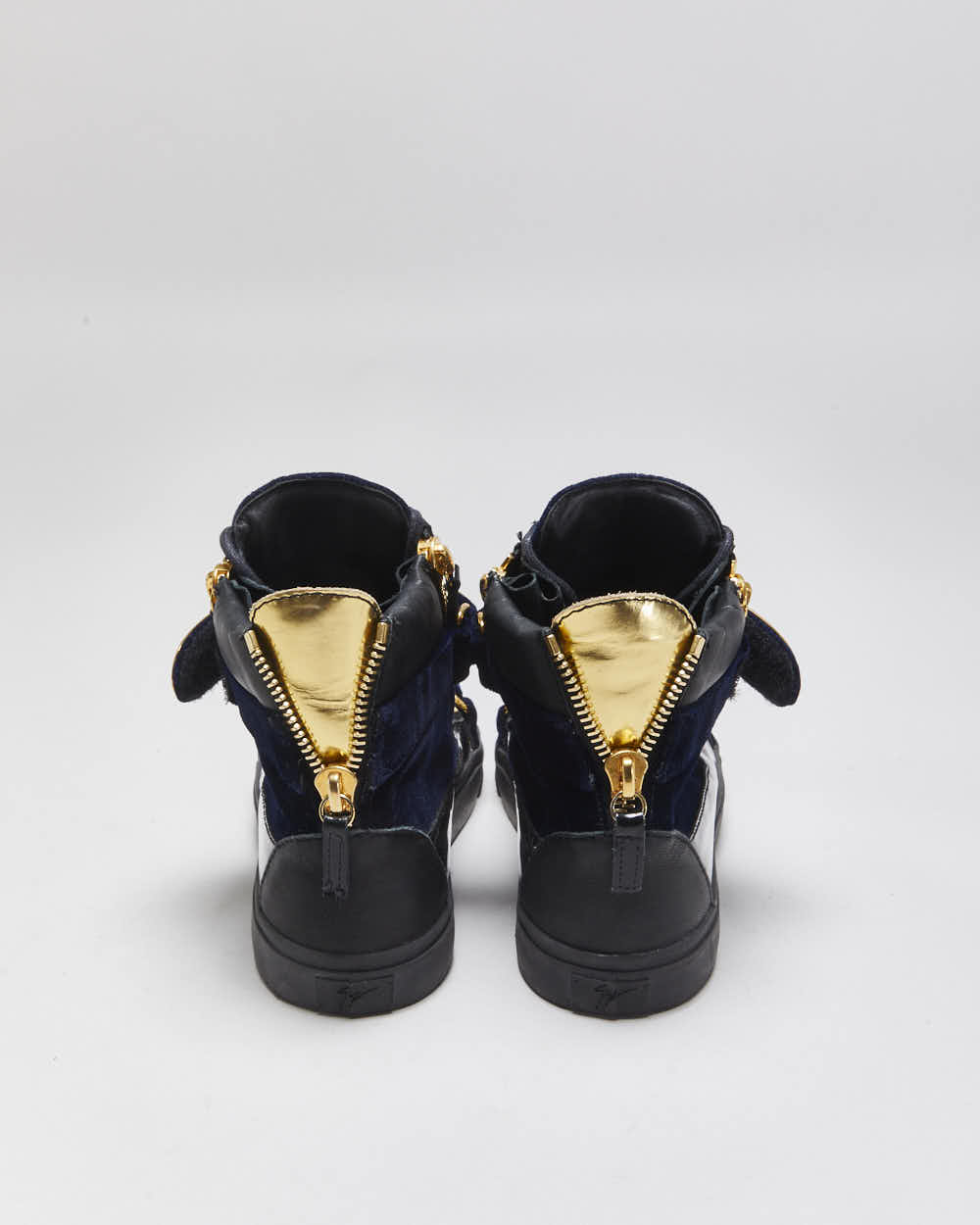 Giuseppe Zanotti 'Coby' Gold Plate / Navy Velvet / Patent Leather High-Top Trainers - UK6.5