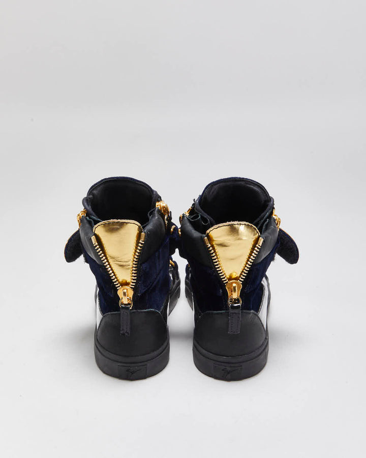 Giuseppe Zanotti 'Coby' Gold Plate / Navy Velvet / Patent Leather High-Top Trainers - UK6.5