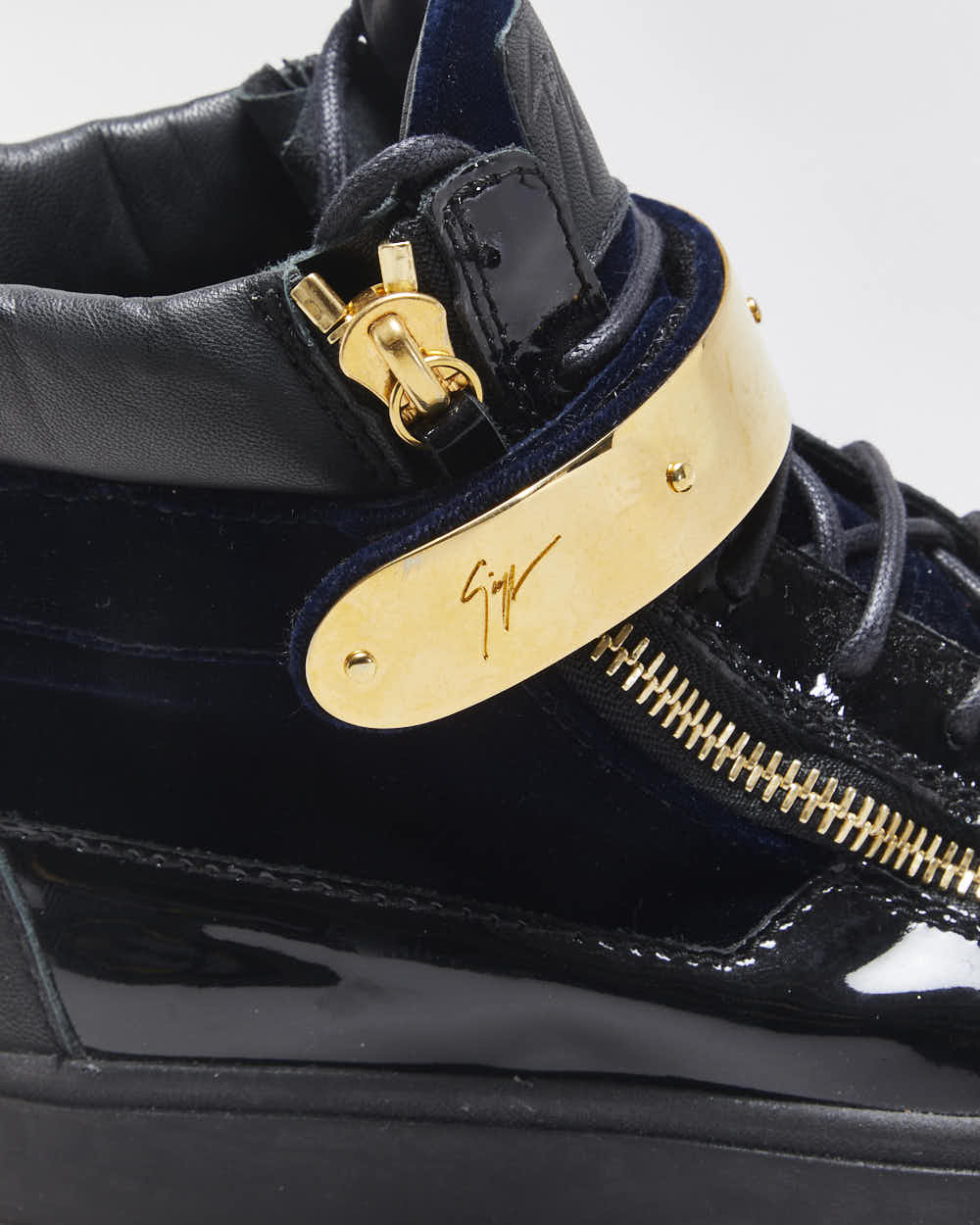 Giuseppe Zanotti 'Coby' Gold Plate / Navy Velvet / Patent Leather High-Top Trainers - UK6.5