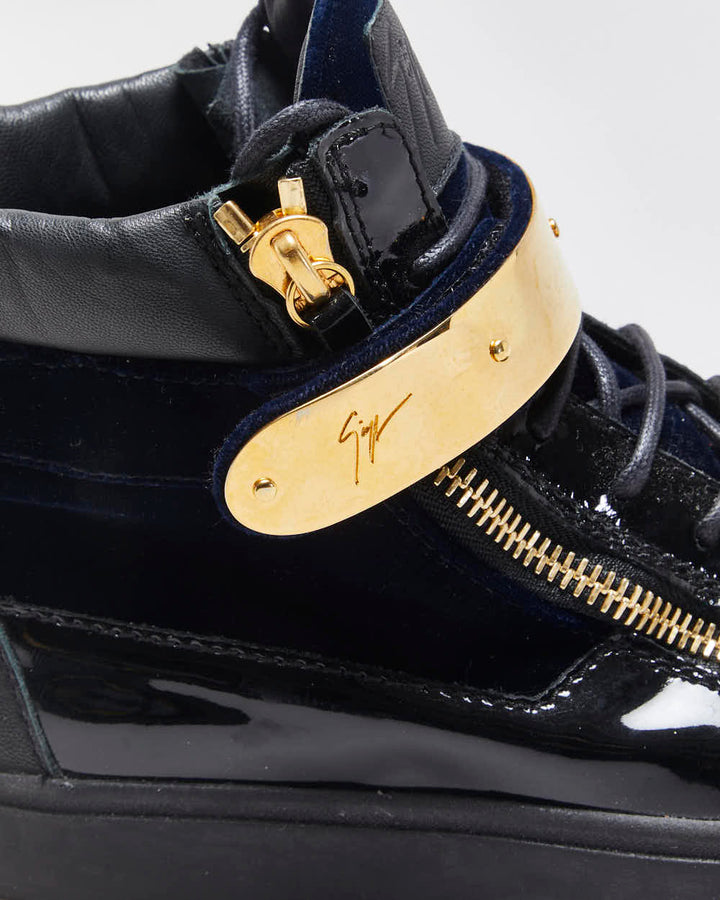 Giuseppe Zanotti 'Coby' Gold Plate / Navy Velvet / Patent Leather High-Top Trainers - UK6.5