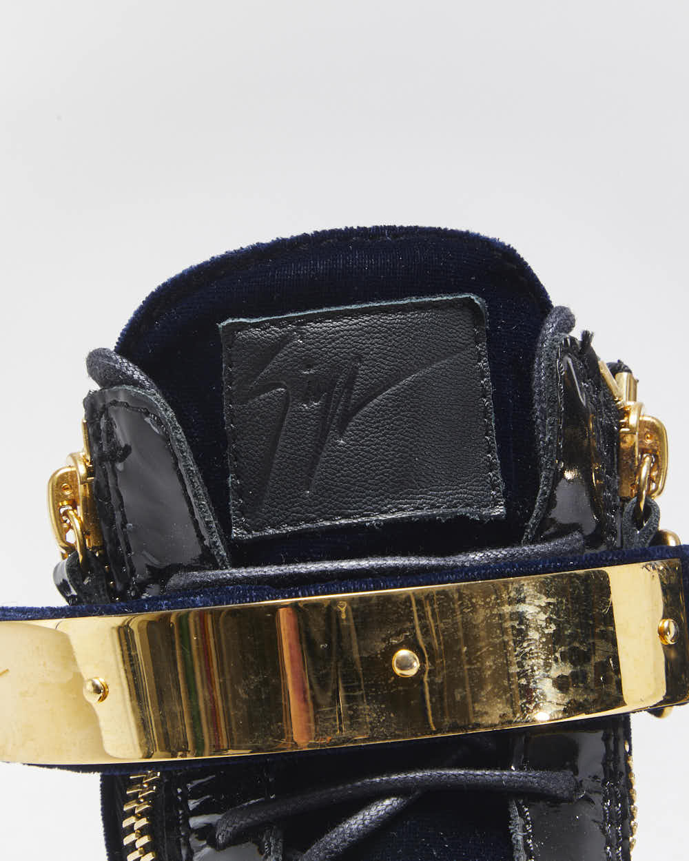 Giuseppe Zanotti 'Coby' Gold Plate / Navy Velvet / Patent Leather High-Top Trainers - UK6.5