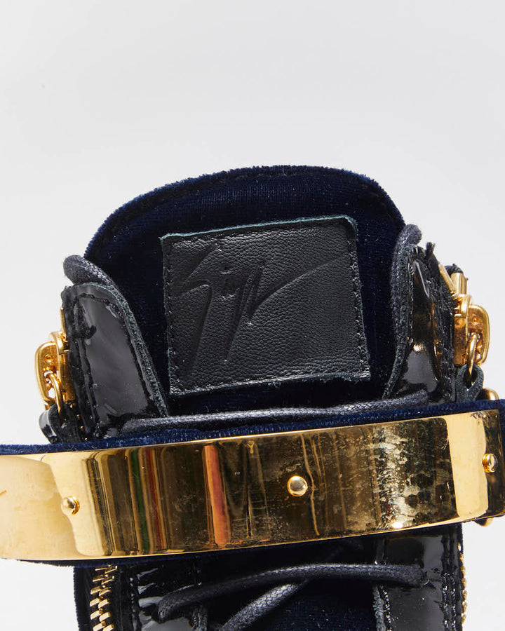 Giuseppe Zanotti 'Coby' Gold Plate / Navy Velvet / Patent Leather High-Top Trainers - UK6.5