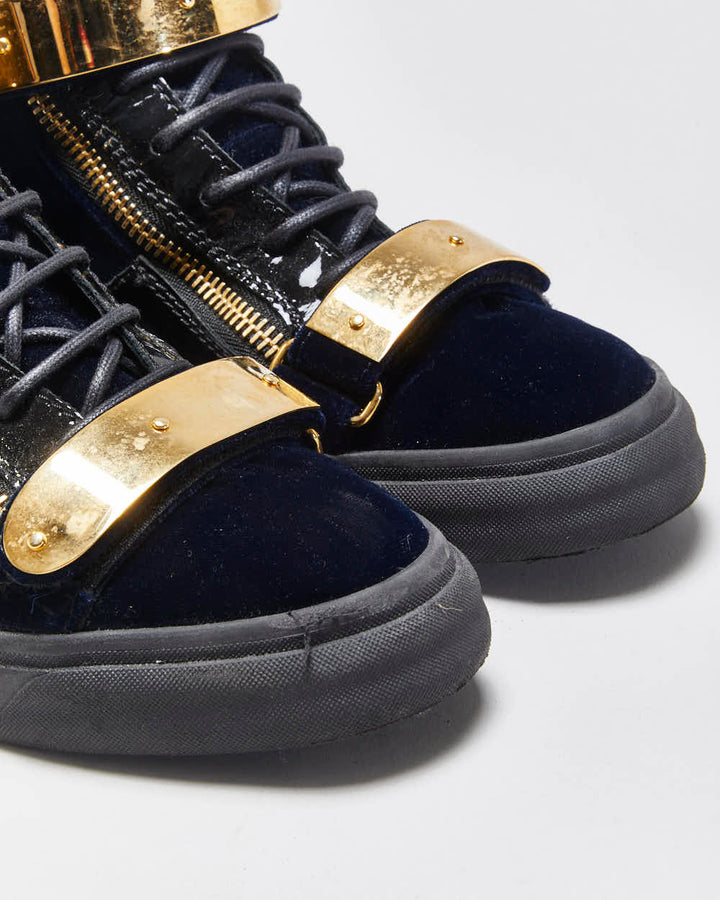 Giuseppe Zanotti 'Coby' Gold Plate / Navy Velvet / Patent Leather High-Top Trainers - UK6.5
