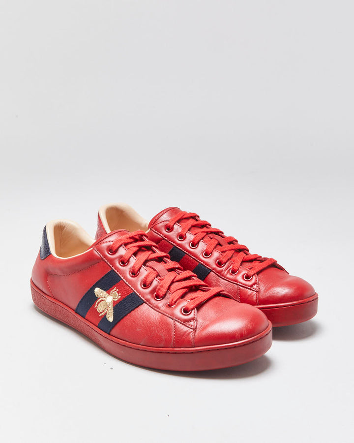 Gucci Ace Red Leather Embroidered Bee Python Heel Low Trainers - UK9
