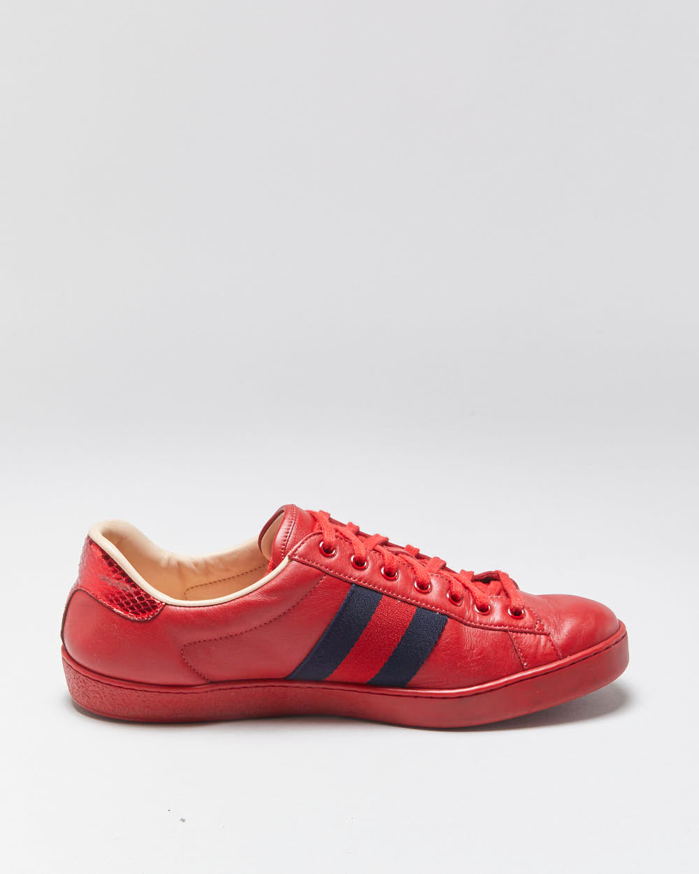 Gucci Ace Red Leather Embroidered Bee Python Heel Low Trainers - UK9