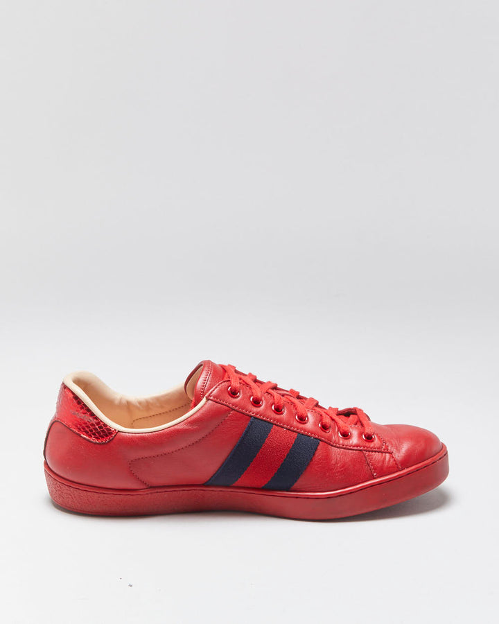 Gucci Ace Red Leather Embroidered Bee Python Heel Low Trainers - UK9