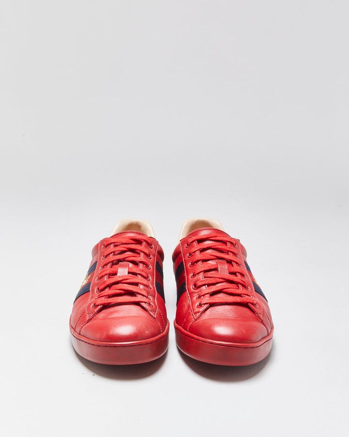 Gucci Ace Red Leather Embroidered Bee Python Heel Low Trainers - UK9