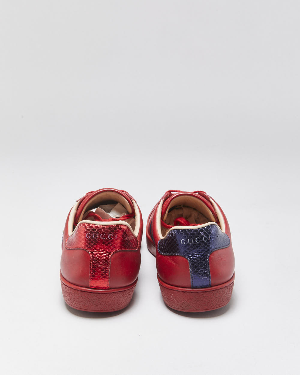 Gucci Ace Red Leather Embroidered Bee Python Heel Low Trainers - UK9