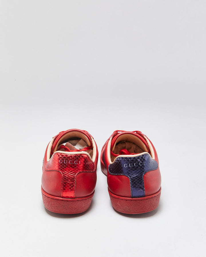 Gucci Ace Red Leather Embroidered Bee Python Heel Low Trainers - UK9