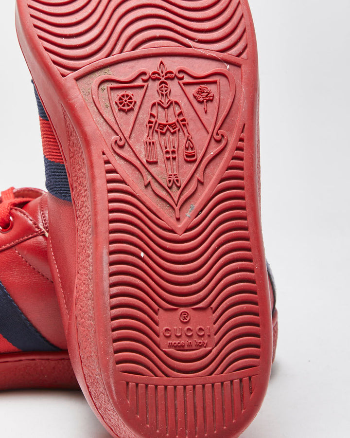 Gucci Ace Red Leather Embroidered Bee Python Heel Low Trainers - UK9