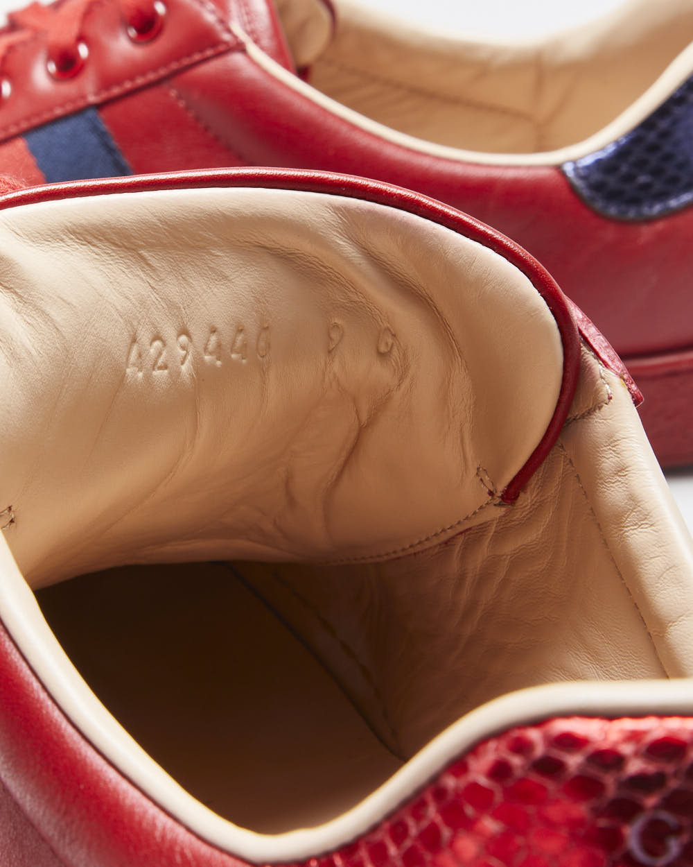 Gucci Ace Red Leather Embroidered Bee Python Heel Low Trainers - UK9