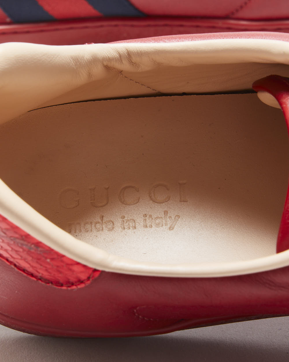 Gucci Ace Red Leather Embroidered Bee Python Heel Low Trainers - UK9