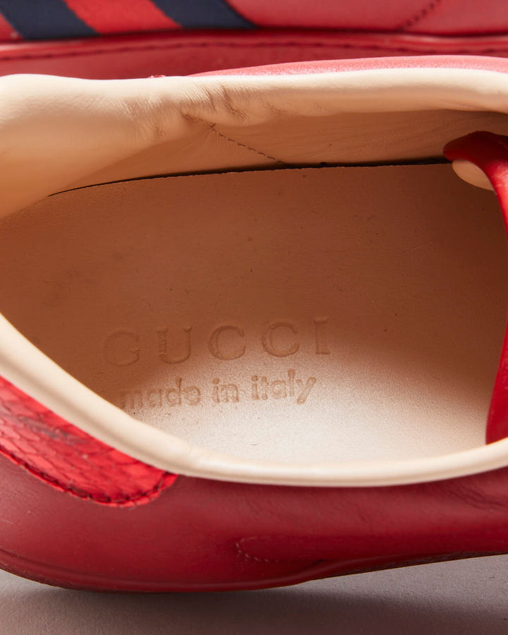 Gucci Ace Red Leather Embroidered Bee Python Heel Low Trainers - UK9