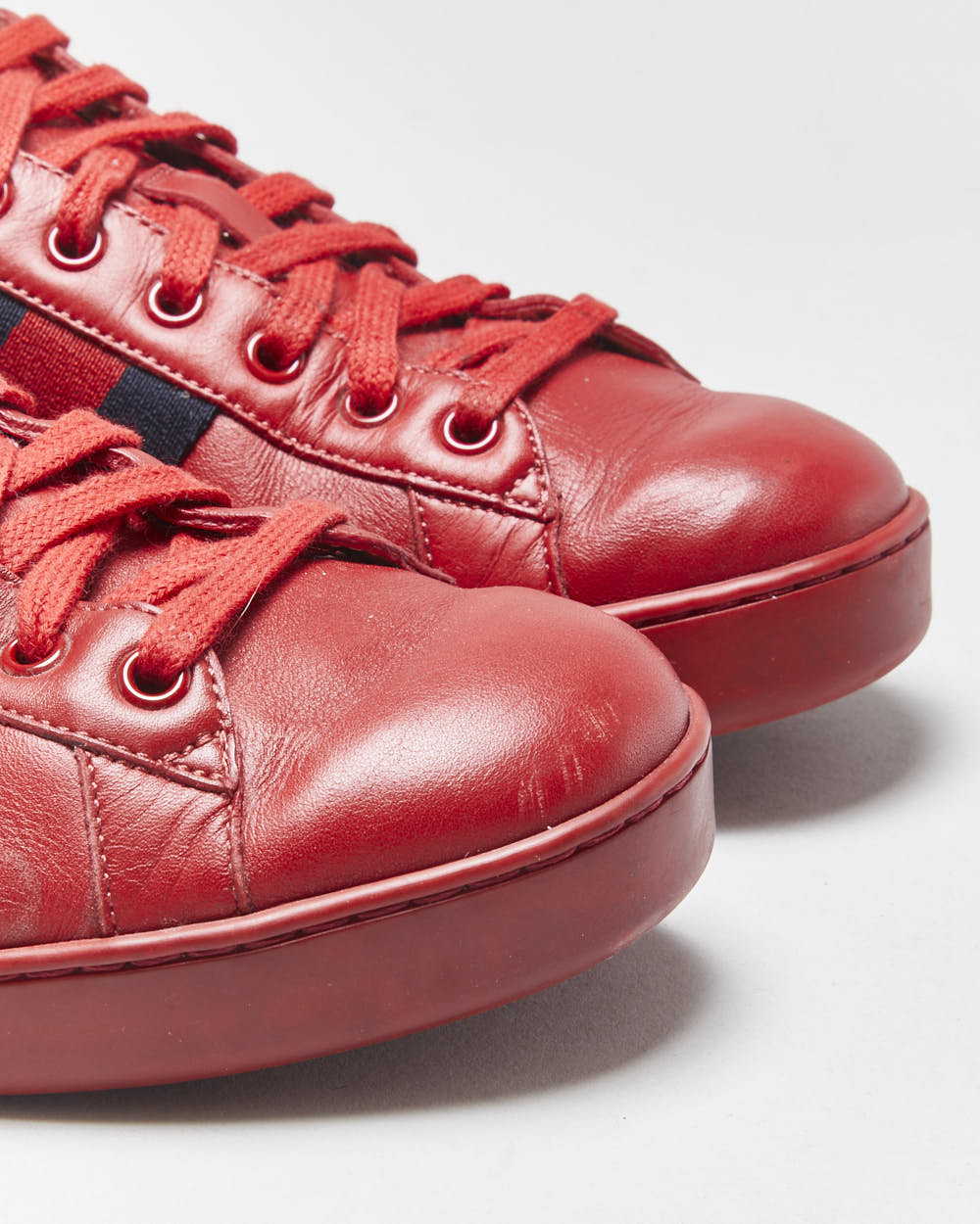 Gucci Ace Red Leather Embroidered Bee Python Heel Low Trainers - UK9