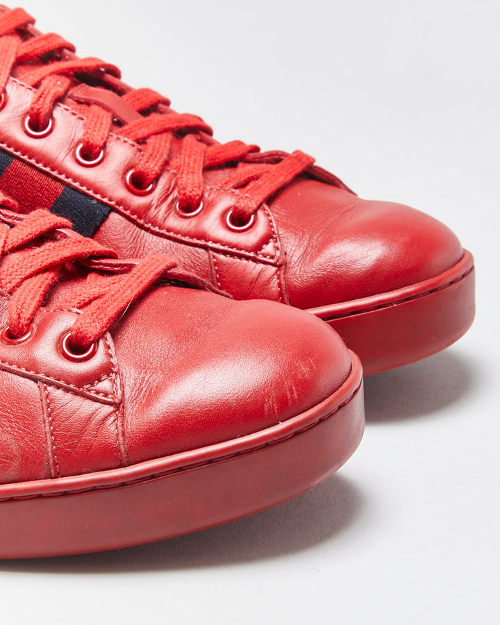 Gucci Ace Red Leather Embroidered Bee Python Heel Low Trainers - UK9