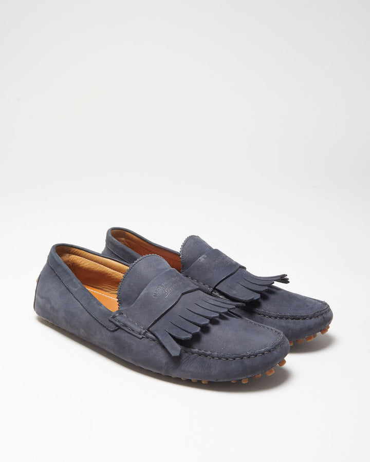 Gucci Navy Leather Fringed Moccasin Driving Loafers - UK10