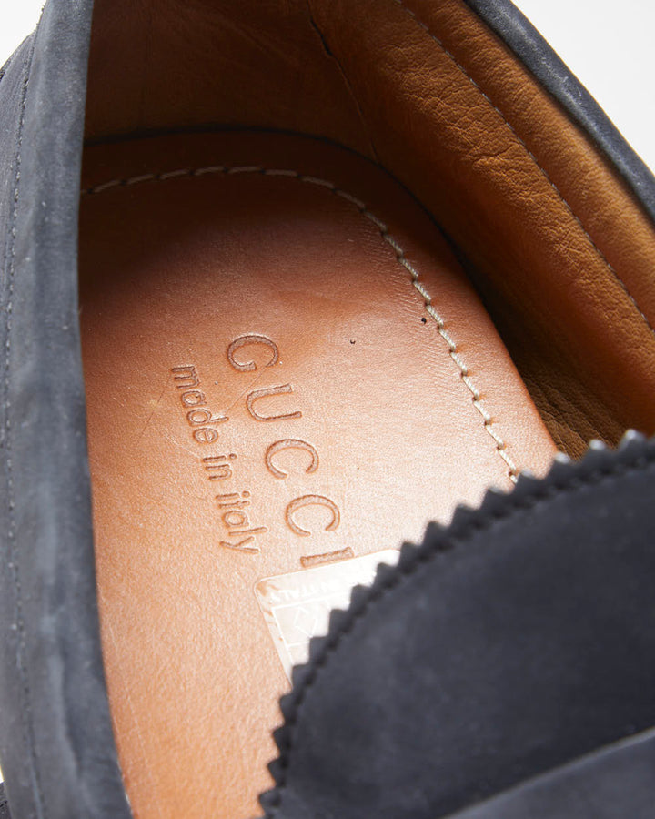 Gucci Navy Leather Fringed Moccasin Driving Loafers - UK10