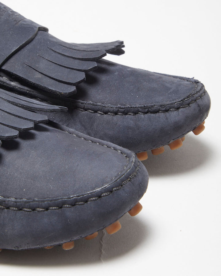 Gucci Navy Leather Fringed Moccasin Driving Loafers - UK10