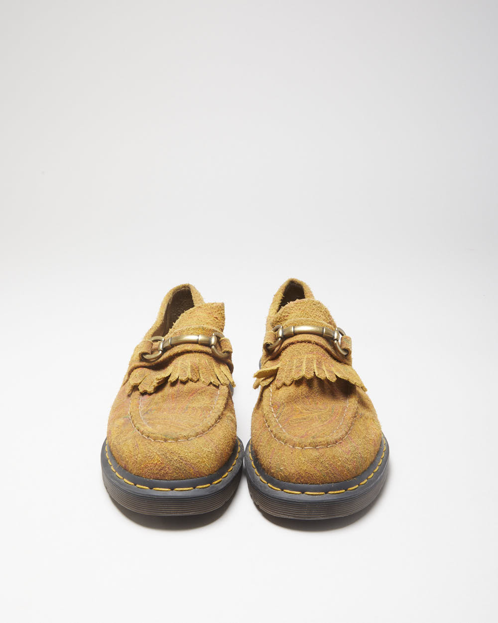Dr. Martens Adrian Snaffle Patterned Tan Suede Chunky Horsebit Tassel Loafers - UK10