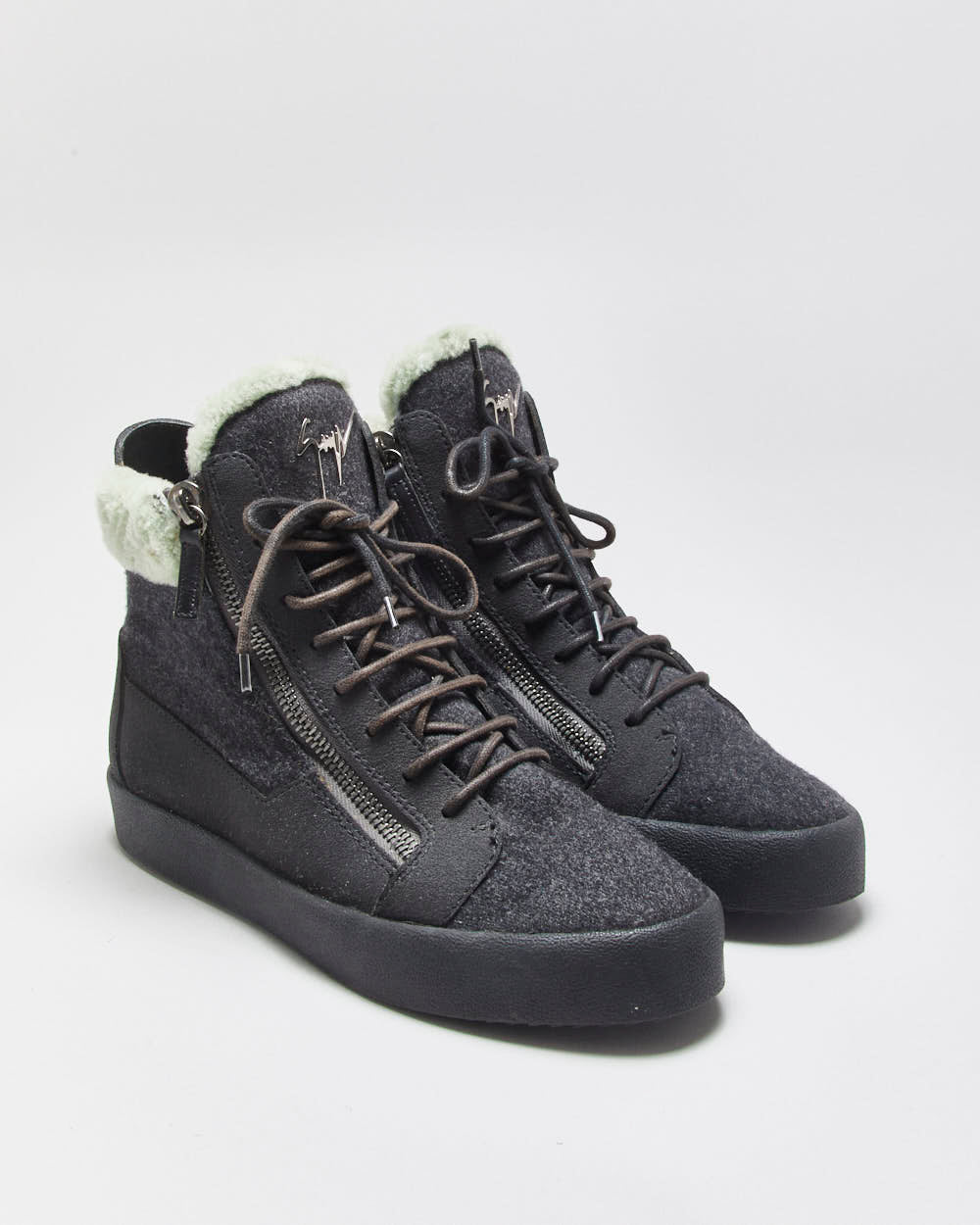 Guiseppe Zanotti Charcoal Wool Shearling High Top Coby Trainers - UK8