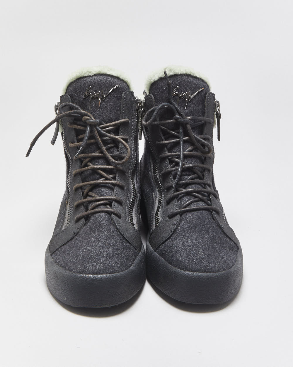 Guiseppe Zanotti Charcoal Wool Shearling High Top Coby Trainers - UK8