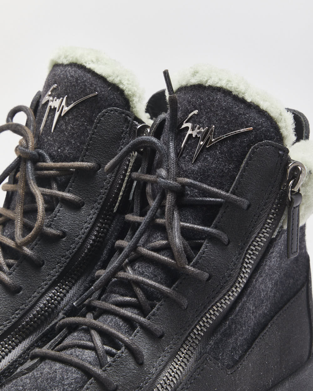 Guiseppe Zanotti Charcoal Wool Shearling High Top Coby Trainers - UK8