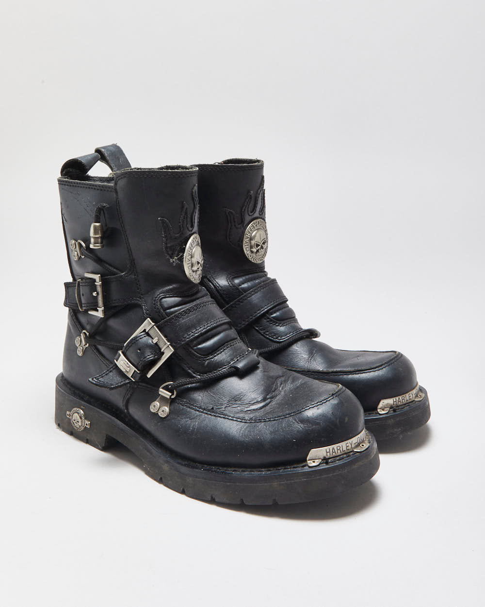 Vintage Harley Davidson Black Leather Chunky Buckle Biker Boots - UK9.5