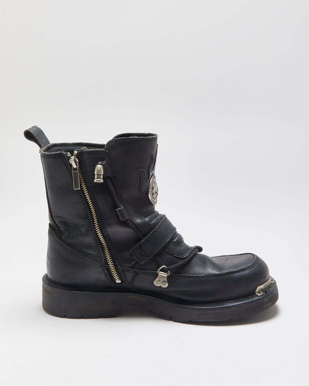 Vintage Harley Davidson Black Leather Chunky Buckle Biker Boots - UK9.5