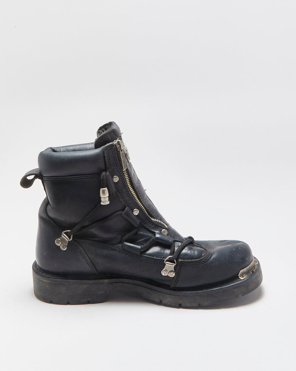 Vintage Harley Davidson Black Leather Chunky Double Zip Biker Boots - UK9