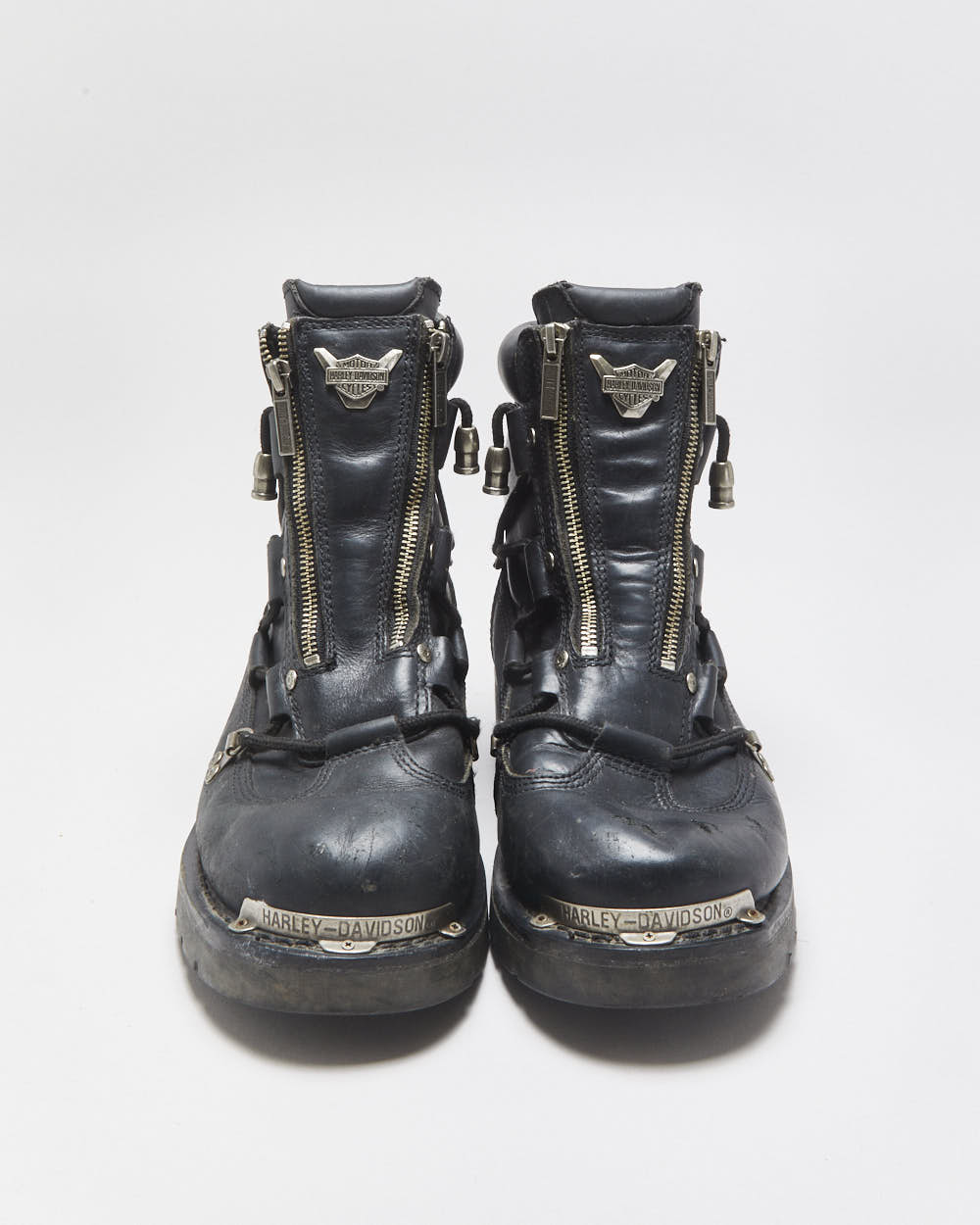 Vintage Harley Davidson Black Leather Chunky Double Zip Biker Boots - UK9