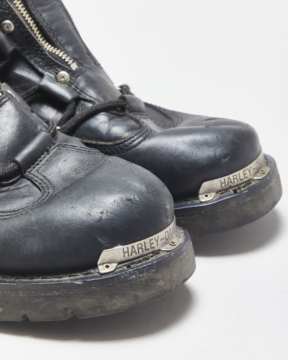 Vintage Harley Davidson Black Leather Chunky Double Zip Biker Boots - UK9