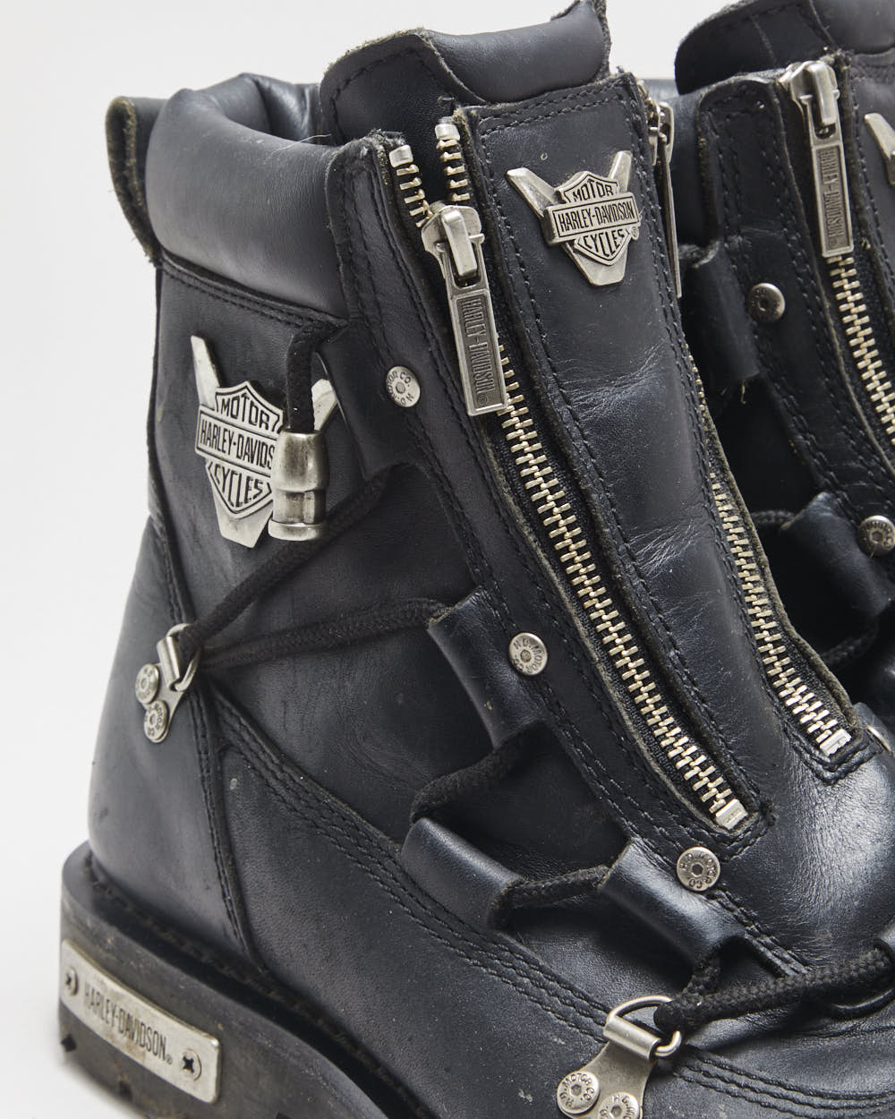 Vintage Harley Davidson Black Leather Chunky Double Zip Biker Boots - UK9