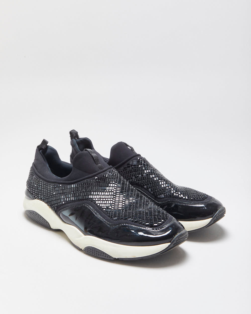Salvatore Ferragamo Giolly Patent Leather Crystal Neoprene Slip-On Trainers - UK9