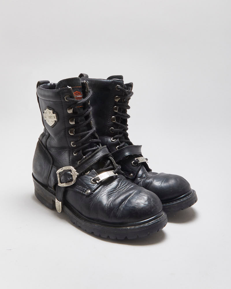 Vintage 1995 Harley Davidson Black Leather Buckle Biker Ankle Boots - UK8