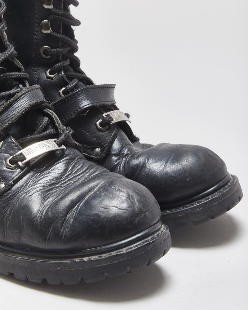 Vintage 1995 Harley Davidson Black Leather Buckle Biker Ankle Boots - UK8