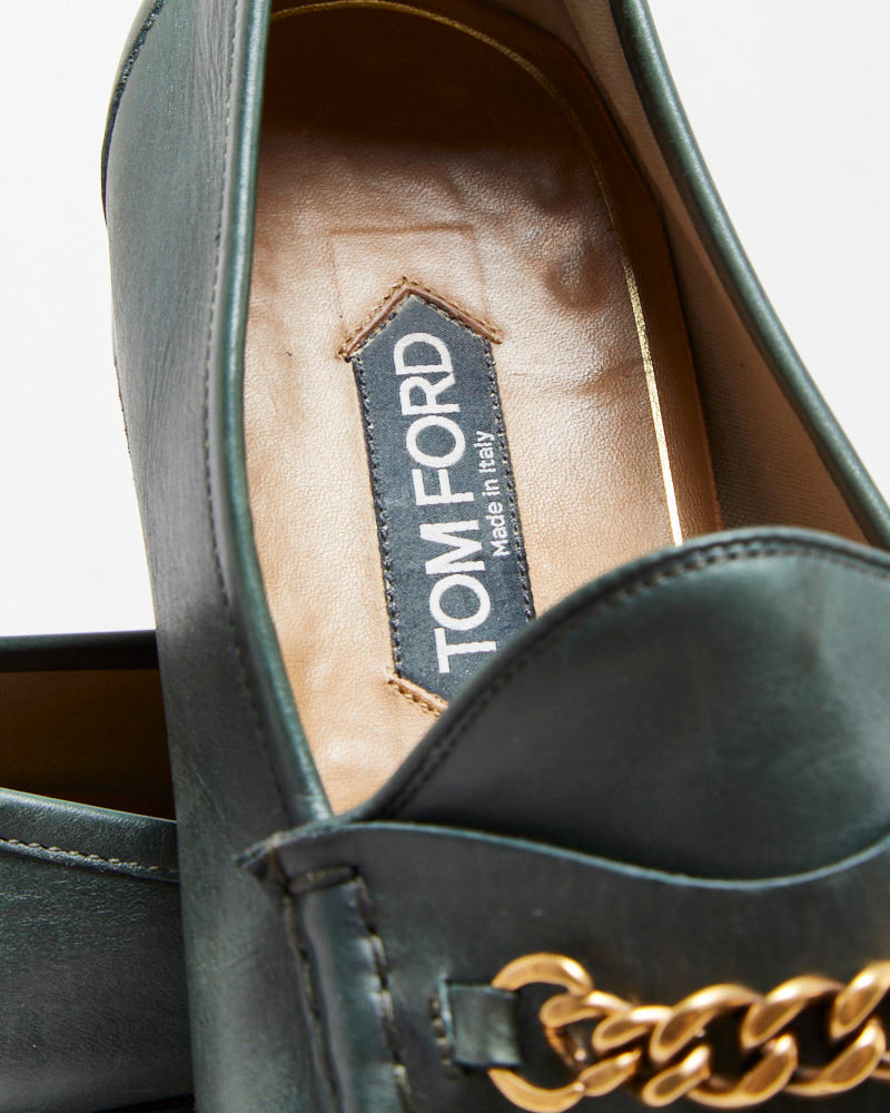 Vintage Tom Ford Emerald Leather Chain Link Loafers - UK8.5