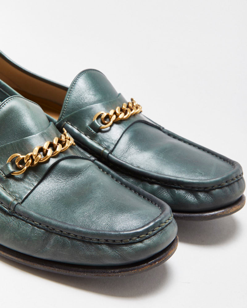 Vintage Tom Ford Emerald Leather Chain Link Loafers - UK8.5