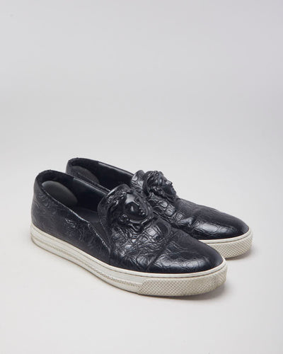 Versace Black Leather Medusa Embellished Slip On Shoes - UK 9.5