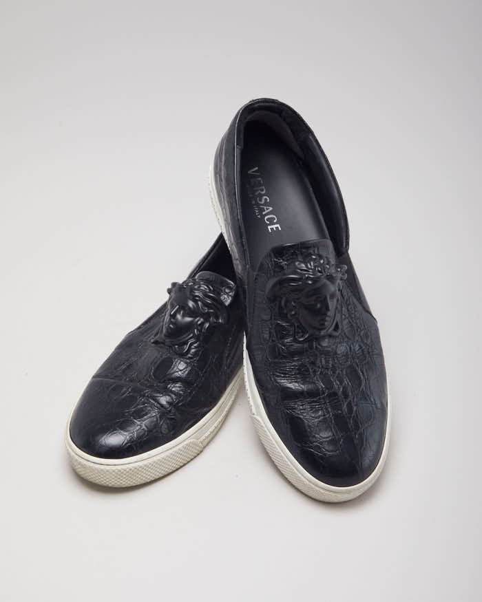 Versace Black Leather Medusa Embellished Slip On Shoes - UK 9.5