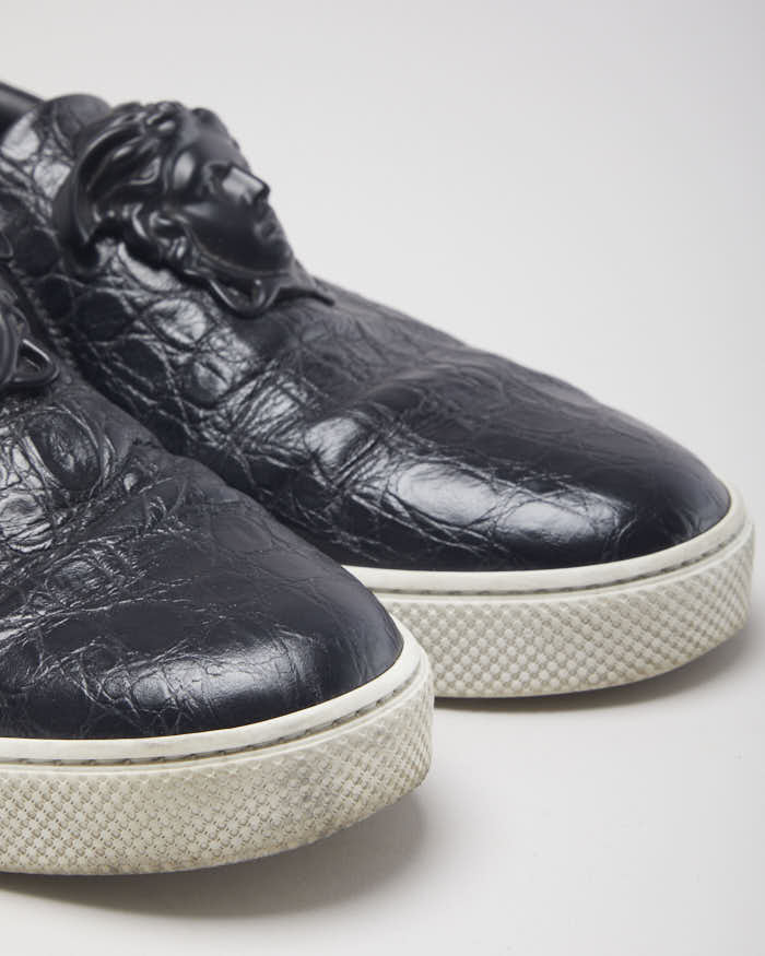 Versace Black Leather Medusa Embellished Slip On Shoes - UK 9.5