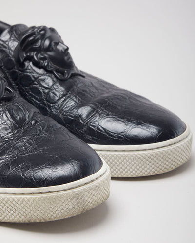 Versace Black Leather Medusa Embellished Slip On Shoes - UK 9.5
