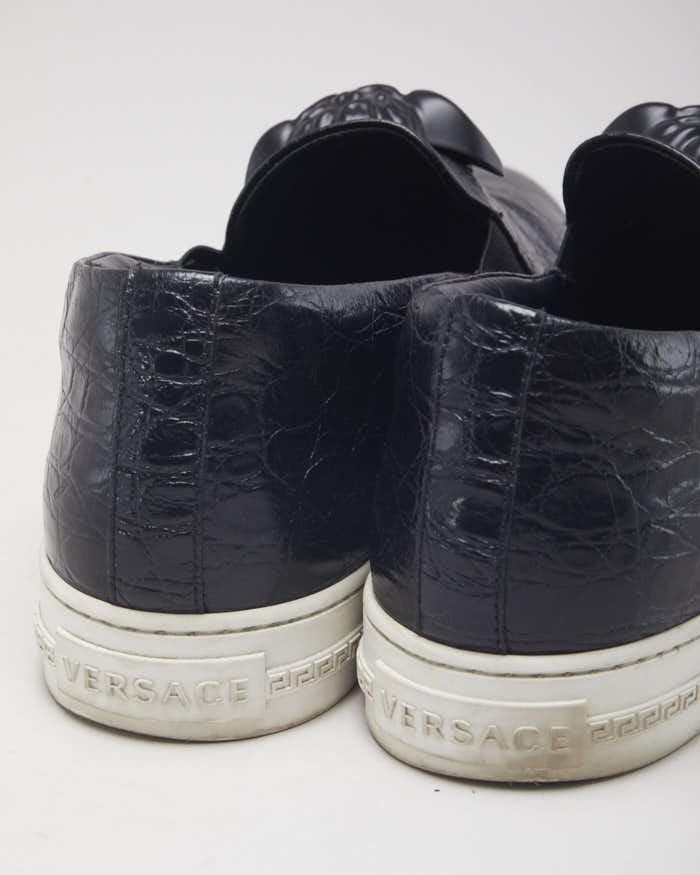 Versace Black Leather Medusa Embellished Slip On Shoes - UK 9.5