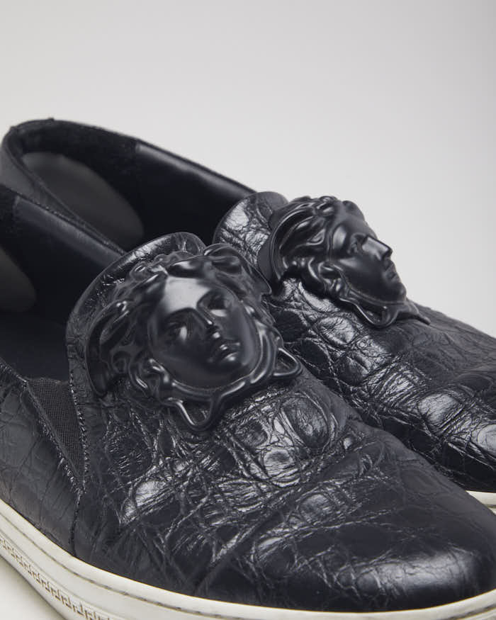 Versace Black Leather Medusa Embellished Slip On Shoes - UK 9.5