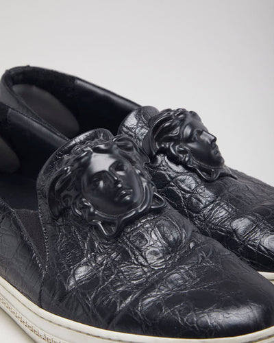 Versace Black Leather Medusa Embellished Slip On Shoes - UK 9.5