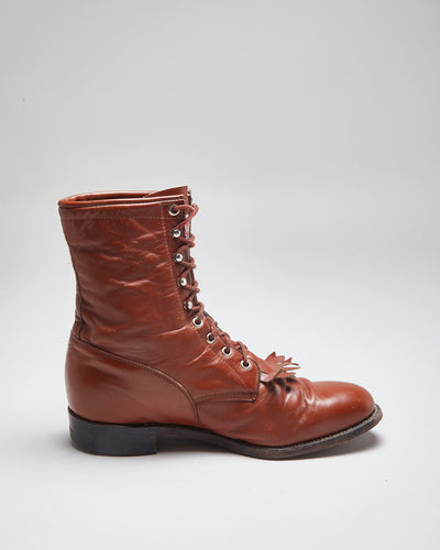 Vintage Brown Leather Fringe Front Ankle Boots - UK 8.5