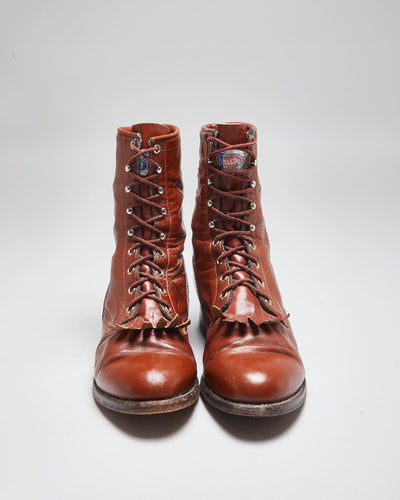 Vintage Brown Leather Fringe Front Ankle Boots - UK 8.5