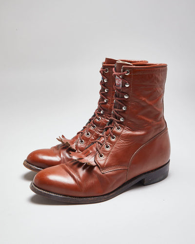 Vintage Brown Leather Fringe Front Ankle Boots - UK 8.5