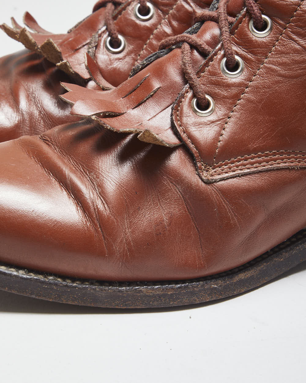 Vintage Brown Leather Fringe Front Ankle Boots - UK 8.5